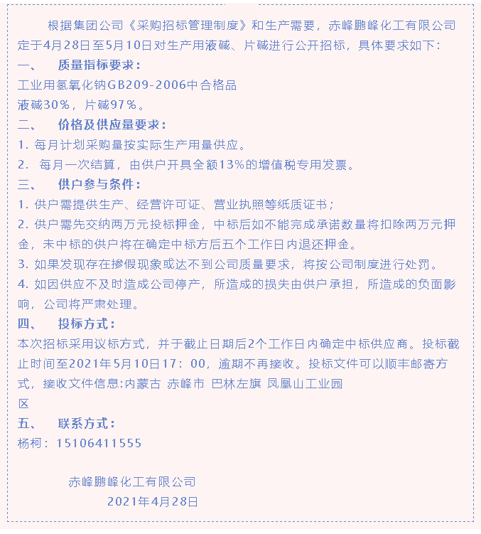 【招标公告】鹏峰化工80
