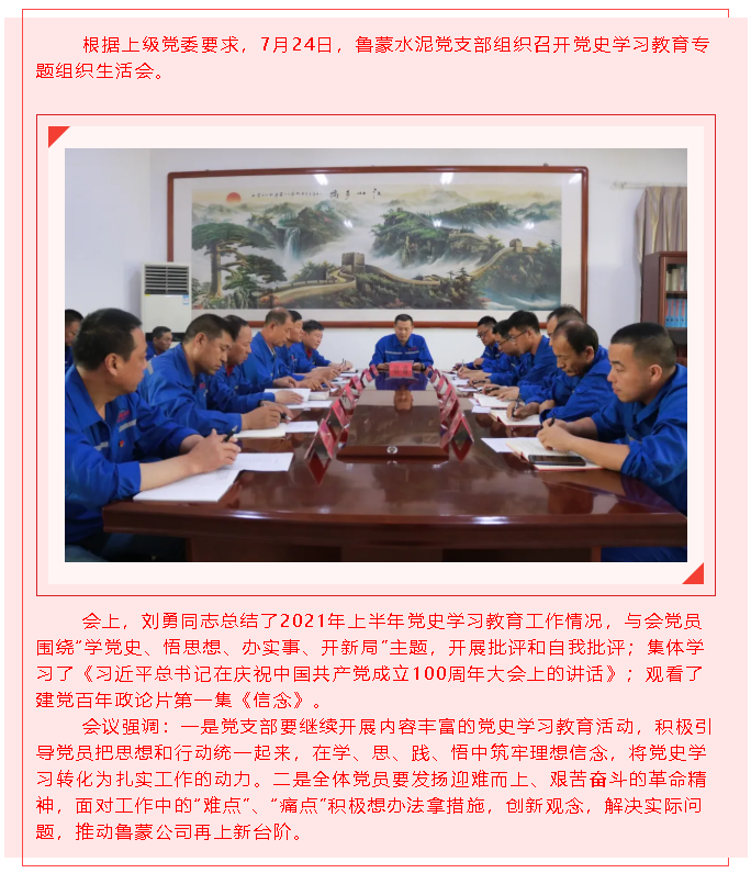 鲁蒙水泥党支部召开党史学习教育专题组织生活会20