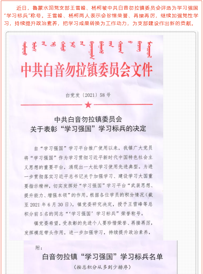 鲁蒙水泥党支部王雪峰、杨柯被评选为学习强国“学习标兵”称号98
