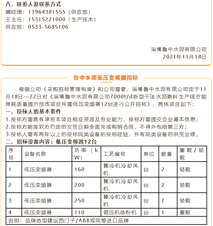 【招标公告】鲁中水泥煤磨收尘器、风机、低压变频器招标100